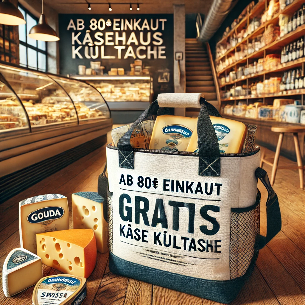 DALL·E 2024-10-16 11.25.20 – A promotional image for a cheese shop (Käsehaus) offering a free branded cooler bag as a gift for purchases of €80 or more. The image should show a vi